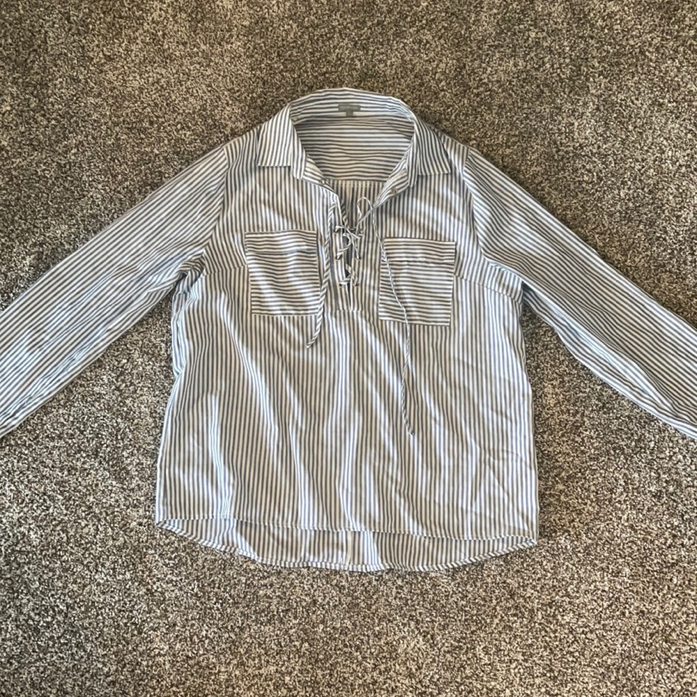 White and blue Striped long sleeve linen top